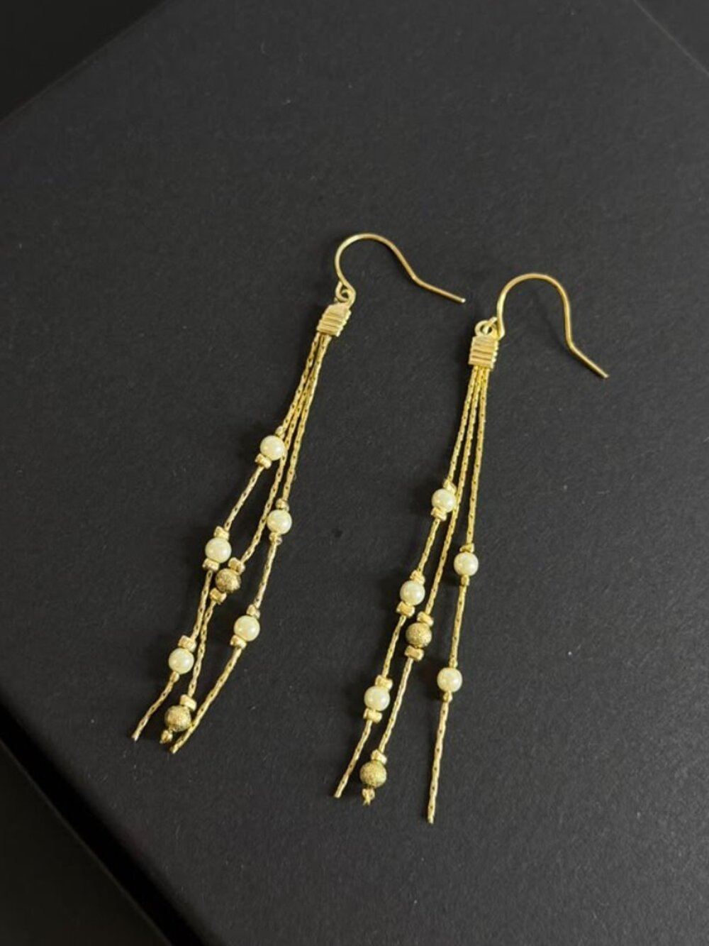 Gold Beaded Chain Drop Earrings | Bohemian Triple Strand Dangle